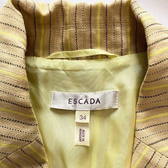 ESCADA LINEN BLEND BEIGE BLACK YELLOW STRIPED PEAK LAPEL MID-LENGTH BLAZER - 4 - Picture 7 of 12